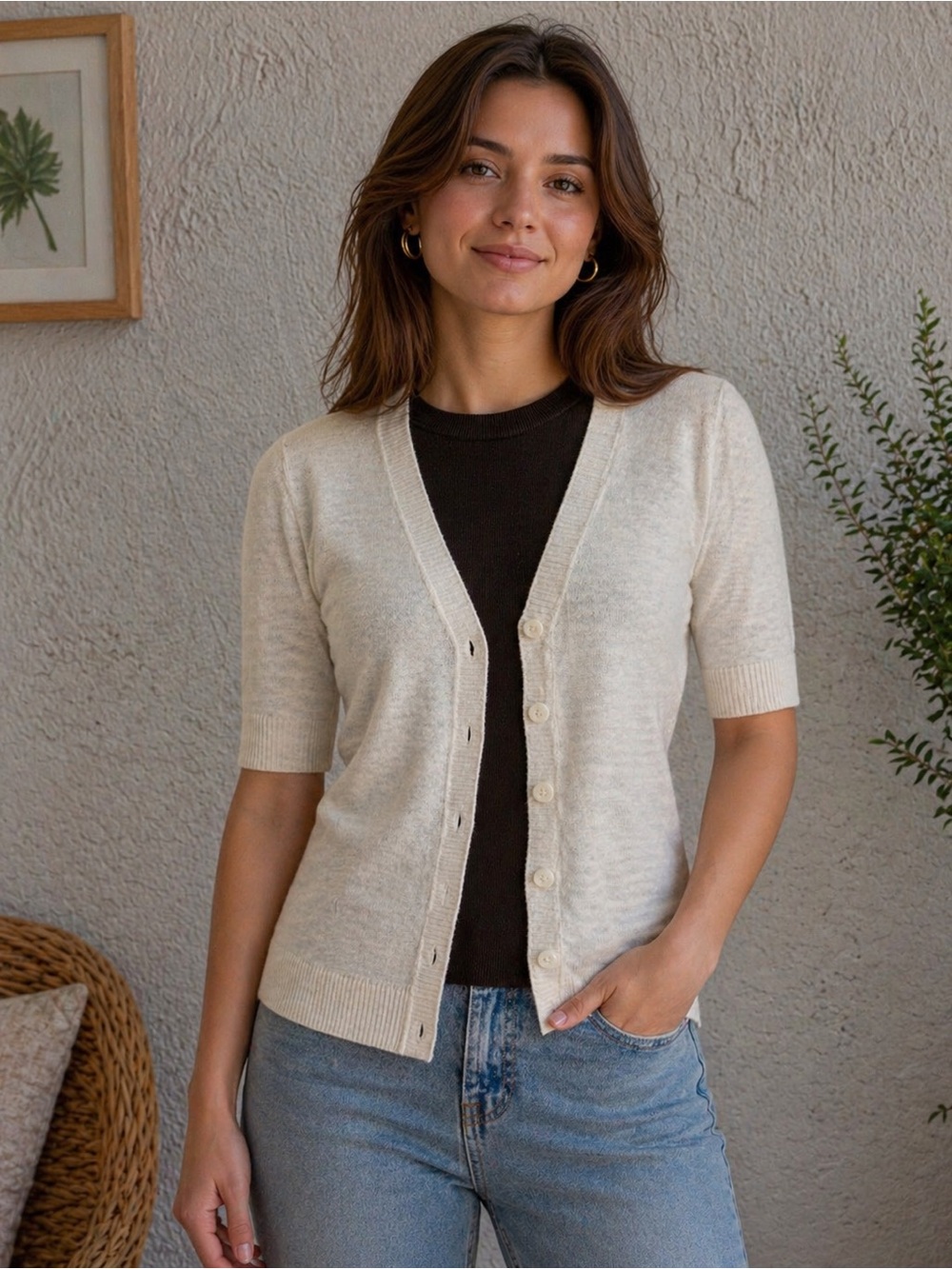 Caslon Short Sleeve V-Neck Button Cardigan